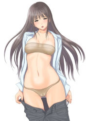 Rule 34 | 1girl, blush, bra, breasts, brown eyes, brown hair, cameltoe, cleavage, cowboy shot, denim, dress shirt, head tilt, jeans, long hair, looking at viewer, medium breasts, muffin (sirumeria), navel, open clothes, open mouth, original, panties, pants, shirt, simple background, solo, underwear, undressing