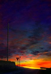 Rule 34 | guard rail, highres, lens flare, mks, night, night sky, no humans, original, outdoors, power lines, red sky, road sign, scenery, sign, sky, star (sky), starry sky, stop sign, sunset, utility pole