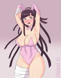 Rule 34 | 1girl, absurdres, armpits, arms behind head, arms up, artist name, bandaged ear, bandaged leg, bandages, bare arms, bare legs, bodysuit, bow, bowtie, breasts, cameltoe, cleavage, cleft of venus, collar, danganronpa (series), danganronpa 2: goodbye despair, detached collar, ears, gradient background, highres, large breasts, legs, leotard, looking at viewer, mole, mole under eye, onkelhhh, open mouth, pink background, pink bodysuit, pink bow, pink bowtie, playboy bunny, purple eyes, purple hair, rabbit ears, rabbit girl, rabbit tail, shiny skin, signature, simple background, standing, sweat, sweatdrop, teeth, thighs, tongue, tsumiki mikan, upper teeth only, white background, white collar