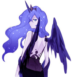 Rule 34 | 1girl, back, black dress, blue eyes, blue hair, crown, dress, feathered wings, frown, horns, long hair, looking at viewer, looking back, luna (my little pony), matching hair/eyes, megarexetera, my little pony, my little pony: friendship is magic, personification, rex k, single horn, solo, tattoo, white background, wings
