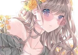 Rule 34 | 1girl, absurdres, blue eyes, brown choker, brown hair, choker, collarbone, commentary, diamond-shaped pupils, diamond (shape), earrings, english commentary, face, flower, gem, hair flower, hair ornament, highres, jewelry, long hair, looking at viewer, off shoulder, original, parted lips, round eyewear, simple background, solo, sparkle, symbol-shaped pupils, venn (vebonbon), wavy hair, white-framed eyewear, white background, yellow flower