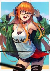 Rule 34 | 1girl, :d, absurdres, ahoge, bandeau, black-framed eyewear, black bandeau, black choker, black shorts, black thighhighs, blurry, breasts, choker, clothes writing, contrapposto, depth of field, fangs, glasses, green jacket, hakusyokuto, headphones, highres, jacket, lips, long hair, looking at viewer, open mouth, orange hair, persona, persona 5, persona 5: dancing star night, persona dancing, purple eyes, sakura futaba, shorts, smile, solo, studded choker, tank top, teeth, thighhighs, torn clothes, torn thighhighs, white tank top, wire