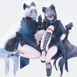 Rule 34 | 2girls, black choker, black gloves, black hair, blue bow, blue eyes, blue kimono, bow, choker, closed mouth, contrast, ear piercing, earrings, eyes visible through hair, frills, gloves, grey background, hair bow, half-closed eyes, high heels, highres, holding, holding hands, japanese clothes, jewelry, kimono, long hair, multiple girls, original, parted lips, piercing, short eyebrows, simple background, single earring, sitting, striped, striped bow, tobacco (tabakokobata), very long hair, white hair, wide-eyed, wide sleeves