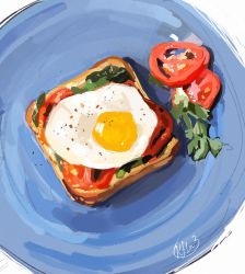 Rule 34 | artist name, blue background, bread, bread slice, egg, food, food focus, from above, highres, kay (kf1n3), leaf, no humans, original, plate, signature, sketch, still life, toast, tomato