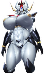 Rule 34 | 1girl, abs, breasts, colored sclera, highres, horns, huge breasts, mazinger (series), mazinkaiser, mazinkaiser (robot), mecha, navel, nipples, personification, red eyes, robot, solo, stomach, thick thighs, thighs, thirty 8ght, white background, wide hips, yellow sclera