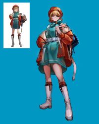 Rule 34 | 1girl, aqua dress, aqua neckerchief, backpack, bag, bare shoulders, belt, beret, blue background, boots, brown hair, coat, dress, full body, hand on own hip, hand up, hat, highres, holding strap, knee boots, kneehighs, kuraa, legs apart, long sleeves, neckerchief, off shoulder, open bag, open clothes, open coat, red coat, red hat, red socks, reference inset, regulus (reverse:1999), reverse:1999, short dress, short hair, sleeveless, sleeveless dress, socks, solo, standing, sunglasses, white belt, white footwear