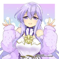 Rule 34 | 1girl, bare shoulders, belt, blush, book, cape, circlet, colored eyelashes, detached sleeves, dress, fingernails, fire emblem, fire emblem: genealogy of the holy war, fluff, hair between eyes, julia (fire emblem), long hair, looking at viewer, nintendo, open mouth, purple eyes, purple hair, smile, solo, twitter username, upper body, white dress, yukia (firstaid0)