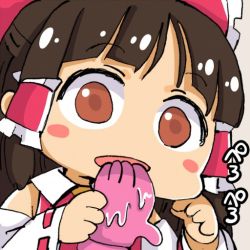 Rule 34 | 1girl, blush stickers, brown hair, chibi, chikado, d:, detached sleeves, expressionless, female pervert, glove in mouth, gloves, hakurei reimu, licking, looking at viewer, mouth hold, open mouth, pervert, pink gloves, red eyes, solo, touhou, translated, wet, wet clothes