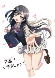 Rule 34 | 1girl, :d, black hair, black jacket, blazer, blush, breasts, brown footwear, collared shirt, commentary request, falling petals, floating hair, foot out of frame, foot up, foreshortening, grey eyes, grey skirt, hair ornament, highres, jacket, loafers, long hair, long sleeves, looking at viewer, love live!, love live! nijigasaki high school idol club, medium breasts, miniskirt, neck ribbon, nijigasaki school uniform, one side up, open mouth, petals, pink petals, plaid, plaid skirt, pleated skirt, reaching, reaching towards viewer, red ribbon, ribbon, school uniform, shirt, shoes, sidelocks, simple background, skirt, smile, solo, standing, standing on one leg, translation request, white background, white shirt, white skirt, winter uniform, yuki setsuna (love live!), zaofeng