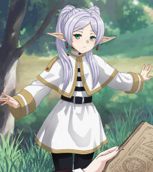Rule 34 | 1girl, 1other, absurdres, black pants, book, capelet, day, earrings, elf, frieren, green eyes, grey hair, highres, holding, holding book, jewelry, long hair, luizhtx, outdoors, pants, pointy ears, skirt, solo focus, sousou no frieren, tree, twintails, white capelet, white skirt