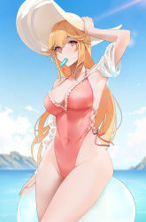 Rule 34 | 1girl, armpits, azur lane, bare shoulders, blonde hair, blue sky, breasts, cleavage, covered navel, cross-laced clothes, cross-laced one-piece swimsuit, food, food in mouth, groin, hat, highres, inflatable toy, large breasts, long hair, looking at viewer, noir (4chan), one-piece swimsuit, pink eyes, pink one-piece swimsuit, popsicle, popsicle in mouth, richelieu (azur lane), richelieu (fleuron of the waves) (azur lane), see-through, sky, solo, sun hat, swimsuit, wide hips