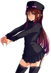 Rule 34 | 1girl, ander (at2.), at2., black thighhighs, brown hair, cracking knuckles, enderman, garter straps, hat, highres, jacket, long hair, looking at viewer, minecraft, personification, pleated skirt, purple eyes, simple background, skirt, smile, solo, stretched limb, thighhighs, white background