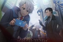 Rule 34 | 3boys, ahoge, black gloves, black hair, cellphone, cigarette, coat, contemporary, cup, disposable cup, facial hair, fate/grand order, fate (series), formal, gloves, grey hair, hand in pocket, highres, hood, james moriarty (archer) (fate), james moriarty (ruler) (fate), multiple boys, mustache, necktie, phone, sherlock holmes (fate), smartphone, striped necktie, suit, taking picture, tia (cocorosso), trench coat