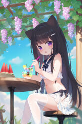 Rule 34 | 1girl, :o, absurdres, animal ears, bare arms, bare shoulders, bendy straw, black bow, black choker, black hair, black sailor collar, blue sky, blurry, blurry foreground, bow, cat ears, choker, cloud, commentary request, crop top, day, depth of field, drinking straw, fang, feet out of frame, food, frilled skirt, frills, fruit, fufumi, grapes, hair ornament, hairclip, highres, holding, looking at viewer, navel, open mouth, original, outdoors, purple eyes, sailor collar, shirt, sitting, skirt, sky, sleeveless, sleeveless shirt, solo, stool, table, thighhighs, watermelon, watermelon slice, white shirt, white skirt, white thighhighs