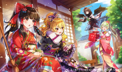 Rule 34 | 4girls, :d, :o, alternate hairstyle, architecture, bird wings, black hair, black kimono, black wings, blush, bow, braid, broom, brown eyes, brown hair, closed eyes, cloud, commentary, copyright notice, cup, day, east asian architecture, feathered wings, floral print, flower, flying, frilled bow, frilled hair tubes, frills, frog hair ornament, gift, green hair, hair between eyes, hair bow, hair flower, hair ornament, hair stick, hair tubes, hakurei reimu, hat, highres, holding, holding cup, holding gift, holding notebook, holding pen, japanese clothes, kimono, kirisame marisa, kochiya sanae, long hair, looking at another, multiple girls, notebook, obi, open mouth, outdoors, pen, pink bow, pink kimono, pom pom (clothes), ponytail, red bow, red headwear, red kimono, sash, shameimaru aya, shinishi chiho, short hair, shrine, sidelocks, single braid, sitting, sky, smile, snake hair ornament, standing, tassel, tokin hat, touhou, touhou arcadia record, tree, wings, yellow eyes, yunomi