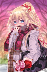 Rule 34 | 1girl, akai haato, alternate costume, alternate hairstyle, bad id, bad twitter id, bag, blonde hair, blue eyes, blurry, blurry background, blush, coat, commentary request, covering own mouth, gift, hair ornament, hairclip, hasanishi, heavy breathing, hololive, looking at viewer, ponytail, scarf, school bag, solo, tsundere, valentine, virtual youtuber, winter clothes, winter coat