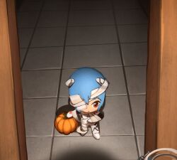 Rule 34 | 1girl, ayanami rei, bandages, blue hair, bodysuit, chibi, closed mouth, commentary, halloween, highres, khyle., mini person, mummy costume, neon genesis evangelion, one eye covered, open door, plugsuit, pumpkin, red eyes, rei chikita, short hair, solo, standing, tile floor, tiles, white bodysuit