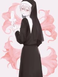 Rule 34 | 1boy, blonde hair, candle, candle wax, candlestand, crossdressing, habit, highres, holding, holding candle, long sleeves, looking at viewer, looking back, male focus, niufog, nun, original, pink eyes, short hair, short sleeves, solo, traditional nun