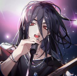 Rule 34 | 1boy, alternate eye color, alternate hair length, alternate hairstyle, black hair, black shirt, bracelet, buried stars, chinese commentary, clip studio paint (medium), collarbone, commentary, earrings, guitar, han do-yoon, highres, holding, holding microphone, instrument, jacket, jewelry, lip piercing, long hair, looking at viewer, male focus, microphone, mole, mole under eye, necklace, open mouth, piercing, red eyes, red jacket, shirt, solo, teeth, yusa (yusa0751)
