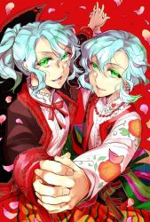 Rule 34 | 2boys, :d, akai higasa, bead necklace, beads, blouse, blue hair, brown jacket, brown vest, center frills, colored eyelashes, eugene alexandrovich romano, falling petals, fingernails, floral print, frills, green eyes, hair between eyes, holding hands, ivan alexandrovich romano, jacket, jewelry, light blue hair, looking at viewer, male focus, multiple boys, neck ribbon, necklace, open clothes, open jacket, open mouth, open vest, orange pants, oushitsu kyoushi heine, pants, parted bangs, petals, polish clothes, ponytail, red background, red ribbon, ribbon, rose print, shirt, short hair with long locks, siblings, sleeve cuffs, smile, striped clothes, striped pants, twins, upper body, vest, wavy hair, white shirt