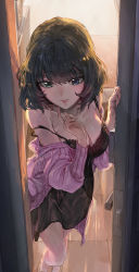 10s 1girl blue_eyes blush breasts brown_hair cardigan chemise cleavage female_focus finger_to_own_chin from_above green_eyes heterochromia highres idolmaster idolmaster_cinderella_girls indoors lingerie looking_at_viewer medium_breasts modare mole mole_under_eye off_shoulder open_cardigan open_clothes open_door parted_lips slippers smile solo spaghetti_strap standing strap_gap strap_slip takagaki_kaede underwear