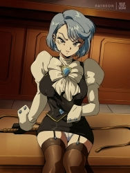 Rule 34 | 1girl, blue eyes, blue hair, bluethebone, covered erect nipples, ascot, cuff links, earrings, feet out of frame, formal, ace attorney, highres, jewelry, franziska von karma, long sleeves, looking at viewer, mole, mole under eye, on counter, panties, pantyshot, pencil skirt, puffy sleeves, retro artstyle, short hair, sitting, skirt, solo, thighhighs, underwear, v-shaped eyebrows, whip, white panties