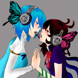 Rule 34 | 2girls, bad id, bad pixiv id, bug, butterfly, butterfly hair ornament, eye contact, female focus, hair ornament, headphones, holding hands, houjuu nue, insect, lips, looking at another, lowres, magnet (vocaloid), multiple girls, music, nail polish, open mouth, parody, profile, short hair, simple background, singing, tatara kogasa, touhou, vocaloid, wings, yuri, yurusugi