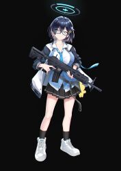 Rule 34 | 1girl, assault rifle, black background, black hair, blue archive, blue cardigan, blue necktie, breasts, cardigan, chihiro (blue archive), espada gcon, full body, glasses, green eyes, gun, halo, highres, holding, holding gun, holding weapon, jacket, large breasts, necktie, pleated skirt, rifle, shoes, skirt, sneakers, weapon