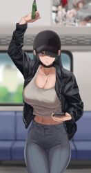 Rule 34 | 1girl, abs, baseball cap, blurry, blurry background, breasts, cellphone, choker, cleavage, couch, denim, hair over one eye, hat, highres, jacket, jeans, large breasts, looking at viewer, midriff, open clothes, open jacket, original, pants, phone, purple eyes, smartphone, solo, soolee040995, tank top, toned, train