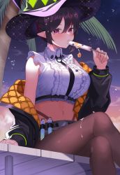 Rule 34 | 1girl, amahara subaru, bare shoulders, black hair, black jacket, breasts, brown pantyhose, chest harness, collared shirt, crop top, crossed legs, food, food in mouth, frilled shirt, frills, grey shorts, hand up, harness, hat, highleg, highres, holding, indie virtual youtuber, isonade orca, jacket, large breasts, long sleeves, looking at viewer, micro shorts, midriff, mouth hold, multicolored hair, navel, off shoulder, open clothes, open jacket, pantyhose, pointy ears, popsicle, popsicle in mouth, purple eyes, shirt, short hair, shorts, sidelocks, sitting, sleeveless, sleeveless shirt, solo, stomach, streaked hair, test tube, thighs, virtual youtuber, white shirt, witch hat