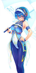 Rule 34 | 1girl, armband, blue hair, bodysuit, breasts, cleavage, cleavage cutout, clothing cutout, covered navel, glasses, green eyes, hand on own hip, highres, kiyama satoshi, leotard, nail polish, original, pantyhose, race queen, red eyes, short hair, solo, umbrella