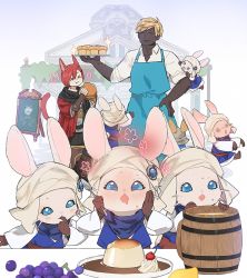 Rule 34 | &gt; &lt;, 2boys, 6+others, :t, @ @, ^ ^, alcohol, ambiguous gender, animal ears, apron, barista, beer, black scarf, blonde hair, blue apron, blue dress, blue eyes, blue gemstone, blue scarf, blue sclera, blush, boots, brown footwear, brown gloves, building, burger, cat boy, cat ears, cat tail, chalkboard sign, closed eyes, collared shirt, colored sclera, commentary request, dark-skinned male, dark skin, dress, drooling, eating, employee uniform, final fantasy, final fantasy xiv, finger in own mouth, flower (symbol), food, fruit, full-face blush, furry, g&#039;raha tia, gem, gg dal, gloves, grapes, hand on own hip, hands on own cheeks, hands on own face, holding, holding food, holding spoon, holding tray, hyur, korean commentary, long sleeves, looking at food, loporrit, miqo&#039;te, muffin, multiple boys, multiple others, on shoulder, open mouth, outdoors, outstretched arms, plate, pudding, puddingway, rabbit ears, rabbit tail, red hair, scarf, shirt, short hair, smile, sparkle, spoon, standing, sweat, swept bangs, tail, tail raised, tankard, tray, turban, uniform, whiskers, white background, white shirt, yellow headwear, zombie pose