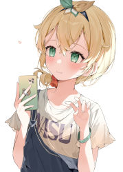 Rule 34 | 1girl, blonde hair, blue overalls, blush, bow hairband, bracelet, cellphone, closed mouth, green eyes, hair between eyes, hairband, hana mori, hands up, highres, holding, holding phone, hololive, jewelry, kazama iroha, looking away, overalls, phone, ring, shirt, short sleeves, simple background, smartphone, smile, solo, upper body, virtual youtuber, white background, white shirt