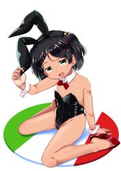 Rule 34 | 1girl, animal ears, black hair, black leotard, bow, bowtie, detached collar, dress, fake animal ears, green eyes, high heels, highres, kantai collection, leotard, nassukun, playboy bunny, rabbit ears, red bow, red bowtie, red footwear, sailor dress, scirocco (kancolle), short hair, solo, strapless, strapless leotard, two side up
