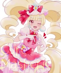 Rule 34 | 10s, 1girl, ;d, aisaki emiru, blonde hair, blunt bangs, bow, character name, commentary request, cure macherie, gloves, hair bow, heart, heart hands, hugtto! precure, long hair, looking at viewer, magical girl, one eye closed, open mouth, pink eyes, precure, puffy short sleeves, puffy sleeves, red bow, short sleeves, simple background, smile, smile (violet), solo, twintails, very long hair, white background, white gloves
