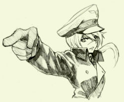 Rule 34 | 1girl, bad id, bad pixiv id, blurry, buttons, coat, cross, depth of field, gloves, hanna rudel, hat, iron cross, jojo no kimyou na bouken, jojo pose, kujo jotaro&#039;s pose (jojo), long hair, long sleeves, military, military uniform, parody, peaked cap, pointing, ponytail, scar, scar on face, scar on nose, shiratama (hockey), simple background, solo, strike witches, strike witches: suomus misfits squadron, uniform, world witches series