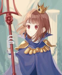 1other ake_blood armor asgore_dreemurr asgore_dreemurr_(cosplay) bob_cut brown_hair chara_(undertale) cloak closed_mouth cosplay crown gloves hand_up highres holding holding_polearm holding_weapon light_particles long_sleeves looking_at_object medium_hair mini_crown other_focus pillar polearm puffy_long_sleeves puffy_sleeves purple_cloak red_eyes shirt shoulder_armor solo trident twitter_username undertale upper_body weapon white_gloves white_shirt