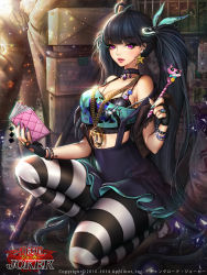 Rule 34 | 1girl, antenna hair, bad id, bad pixiv id, black hair, bracelet, breasts, choker, cleavage, company name, copyright name, dadachyo, earrings, fingerless gloves, furyou michi ~gang road~, gang road joker, gem, gloves, hair ribbon, jewelry, kounosu sakae, large breasts, long hair, lots of jewelry, midriff, multicolored nails, nail polish, necktie, notebook, on one knee, original, pantyhose, purple eyes, ribbon, safety pin, skirt, solo, star (symbol), star earrings, striped clothes, striped pantyhose, thick thighs, thighs, twintails, very long hair, vest, watermark