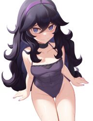Rule 34 | 1girl, @ @, ahoge, arm support, black choker, black hair, blush, breasts, choker, cleavage, closed mouth, collarbone, commentary request, covered navel, creatures (company), curly hair, game freak, gazing eye, grey eyes, hair between eyes, hairband, hex maniac (pokemon), highres, long hair, looking at viewer, medium breasts, nail polish, nintendo, one-piece swimsuit, pokemon, pokemon xy, purple hairband, purple nails, purple one-piece swimsuit, raised eyebrows, simple background, sitting, smile, solo, sweat, swimsuit, white background