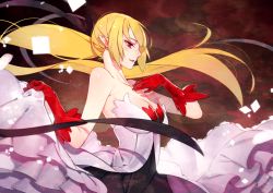 Rule 34 | 1girl, bare shoulders, blonde hair, breasts, fang, gloves, ian olympia, kiss-shot acerola-orion heart-under-blade, lips, long hair, medium breasts, monogatari (series), oshino shinobu, pointy ears, ponytail, red eyes, red gloves, solo