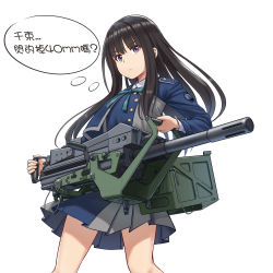 Rule 34 | 1girl, aqua ribbon, automatic grenade launcher, black hair, blue jacket, grenade launcher, inoue takina, jacket, jpc, long hair, looking at viewer, lycoris recoil, mk 19 grenade launcher, neck ribbon, ribbon, school uniform, shirt, sidelocks, simple background, solo, thought bubble, translated, weapon, white background, white shirt