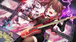 1boy black_choker black_gloves black_jacket black_shirt black_thighhighs blush brown_hair choker elbow_gloves fingerless_gloves gloves guitar highres holding holding_guitar holding_instrument holding_plectrum idolmaster idolmaster_side-m instrument jacket lasen looking_at_viewer medium_hair mizushima_saki multicolored_hair one_eye_closed pink_hair plectrum red_jacket shirt smile solo streaked_hair teeth thighhighs two-sided_fabric two-sided_jacket upper_teeth_only