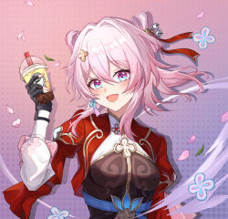 1girl bell belt black_gloves blue_belt blue_eyes blush breasts bubble_tea chinese_clothes chinese_commentary commentary_request cropped_jacket cup disposable_cup drink drinking_straw earrings falling_petals fingerless_gloves flower gloves gradient_background hair_flower hair_ornament hairpin hand_up high_belt highres holding holding_drink honkai:_star_rail honkai_(series) jacket jewelry jingle_bell long_sleeves looking_at_viewer march_7th_(honkai:_star_rail) march_7th_(hunt)_(honkai:_star_rail) medium_breasts medium_hair muyinxia official_alternate_costume official_alternate_hairstyle open_clothes open_jacket open_mouth petals pink_eyes pink_hair pink_pupils puffy_sleeves red_jacket shuangyaji single_earring smile solo two-tone_eyes underbust upper_body white_sleeves