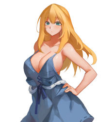Rule 34 | 10s, 1girl, alternate costume, aqua eyes, atago (kancolle), bad id, bad pixiv id, bare shoulders, blonde hair, breasts, cleavage, eyebrows, hand on own hip, kantai collection, large breasts, long hair, looking at viewer, simple background, solo, white background, yostxxx