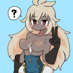 Rule 34 | 1girl, ?, bare shoulders, blonde hair, breasts, cum, cyan background, female focus, gloves, long hair, no bra, red eyes, simple background, solo, the amboina, upper body, v, zooey (granblue fantasy)
