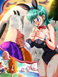 Rule 34 | 1girl, 2boys, animal ears, aqua hair, bald, bare shoulders, beach, bird, black leotard, blue eyes, blush, bow, bowtie, breasts, bulma, caterwaul, cleavage, cowboy shot, day, detached collar, dragon ball, facial hair, fake animal ears, fake tail, fishnet pantyhose, fishnets, gender transformation, hands on breasts, hiding, highres, house, imagining, index fingers together, island, kame house, large breasts, leotard, long hair, multiple boys, mustache, muten roushi, ocean, old, old man, one side up, oolong, orange shirt, outdoors, pantyhose, playboy bunny, rabbit ears, rabbit tail, red neckwear, shapeshifter, shapeshifting, shirt, short sleeves, shorts, standing, tail, thought bubble, turtle shell, weather vane