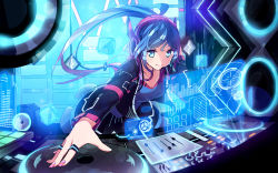 Rule 34 | 1girl, blue eyes, blue hair, breasts, dj, headphones, holographic interface, holographic monitor, jewelry, leaning forward, listening to music, long hair, medium breasts, nail polish, neon trim, original, ponytail, pot-palm, ring, smile, solo, speaker, turntable, very long hair