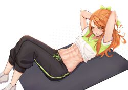 Rule 34 | 1girl, abs, absurdres, arms behind head, breasts, cropped shirt, deccatezu, etie (fire emblem), exercising, fire emblem, fire emblem engage, green eyes, highres, long hair, lying, muscular, muscular female, navel, nintendo, on back, orange hair, pants, short sleeves, small breasts, solo, sweatpants