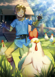Rule 34 | 1boy, :d, animal, bird, blonde hair, blue tunic, boots, brown footwear, chicken, fingerless gloves, gloves, grass, link, male focus, nintendo, open mouth, outdoors, pointy ears, smile, solo, standing, the legend of zelda, the legend of zelda: breath of the wild, yuyu (yuyudesu0806)