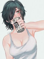 Rule 34 | 1girl, artist name, beer can, black hair, blush, breasts, can, chainsaw man, cleavage, drink can, drinking, eyepatch, green eyes, highres, himeno (chainsaw man), holding, holding can, looking to the side, medium breasts, short hair, signature, simple background, solo, taestymaee, tank top, white background, white tank top